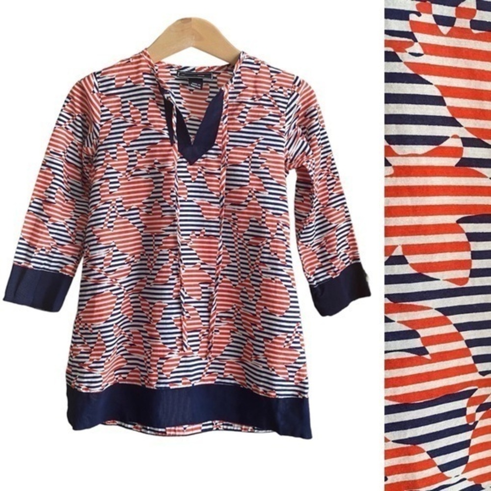 Oscar de la Renta Red Blue White Print Long Sleeve Tunic Dress